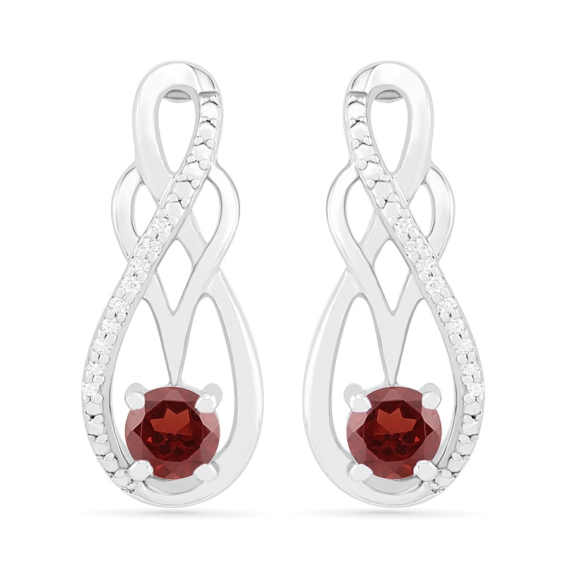 Main Image 1 of Garnet and 0.04 CT. T.W. Diamond Infinity Overlay Drop Earrings in Sterling Silver