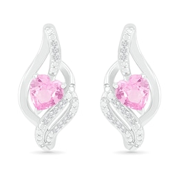 Heart-Shaped Pink Lab-Created Sapphire Ribbon Flame Stud Earrings in Sterling Silver