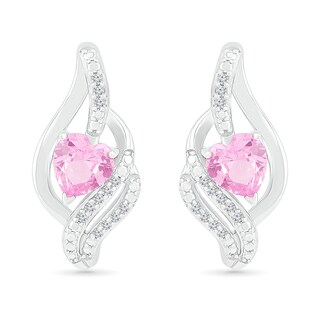 Heart-Shaped Pink Lab-Created Sapphire Ribbon Flame Stud Earrings in Sterling Silver