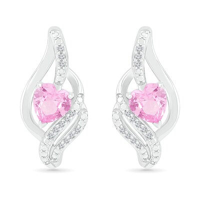 Heart-Shaped Pink Lab-Created Sapphire Ribbon Flame Stud Earrings in Sterling Silver
