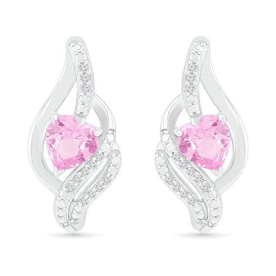 Heart-Shaped Pink Lab-Created Sapphire Ribbon Flame Stud Earrings in Sterling Silver