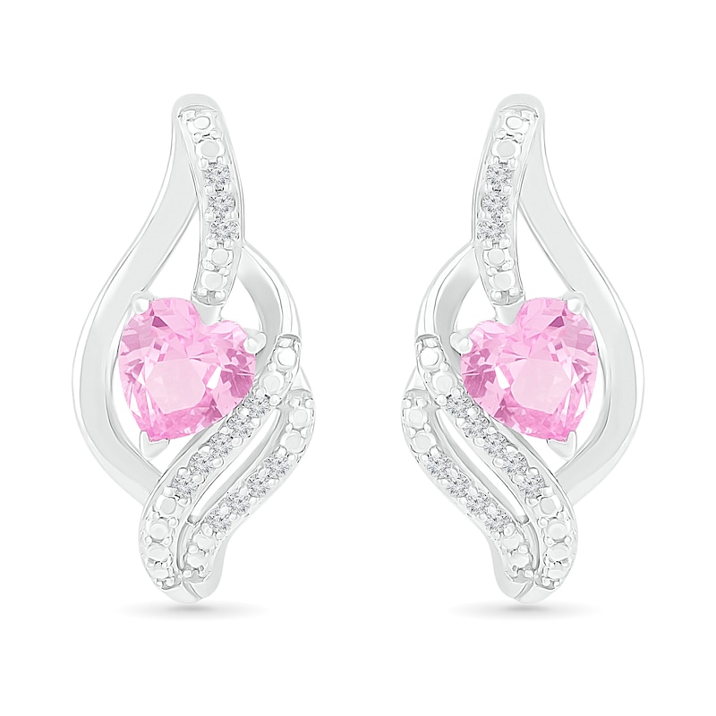Heart-Shaped Pink Lab-Created Sapphire Ribbon Flame Stud Earrings in Sterling Silver