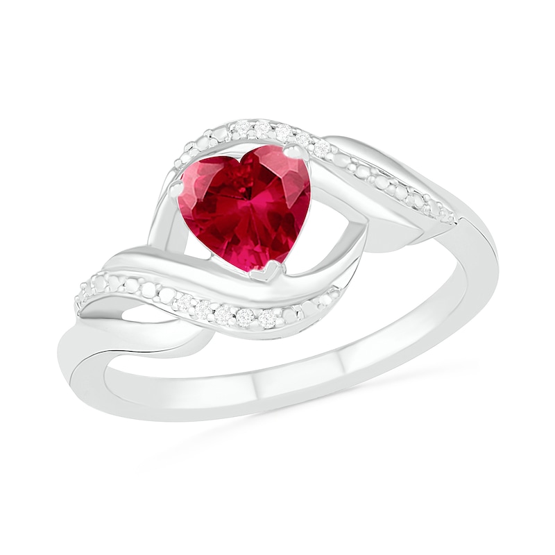 Heart-Shaped Lab-Created Ruby and Diamond Accent Ribbon Ring in Sterling Silver|Peoples Jewellers