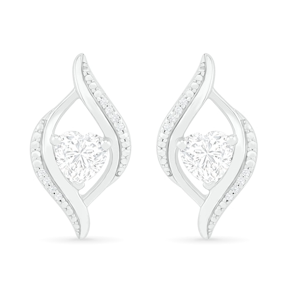 Heart-Shaped White Lab-Created Sapphire and 0.04 CT. T.W. Diamond Open Flame Stud Earrings in Sterling Silver