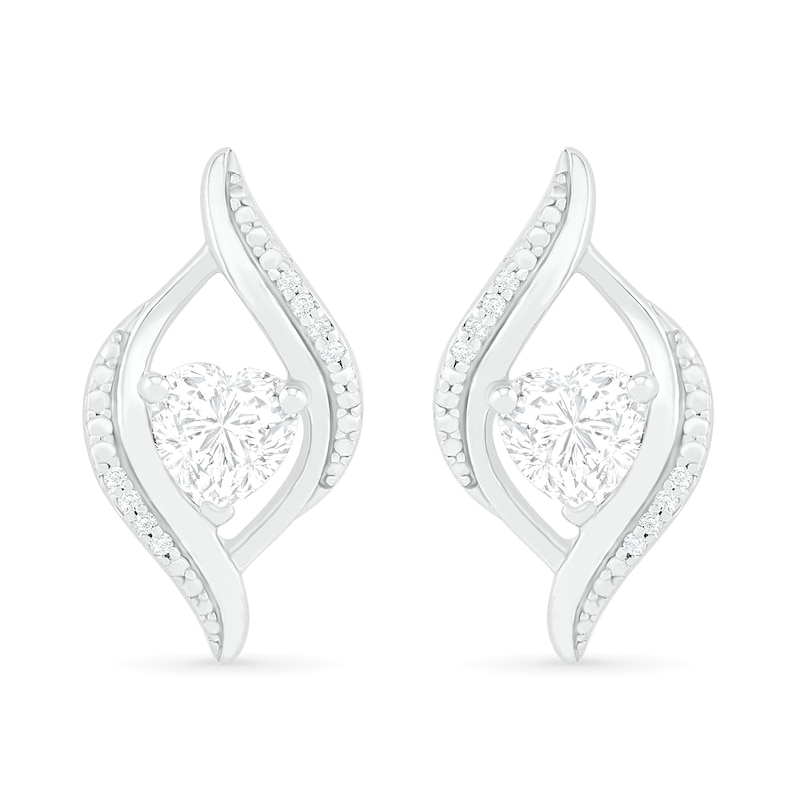 Heart-Shaped White Lab-Created Sapphire and 0.04 CT. T.W. Diamond Open Flame Stud Earrings in Sterling Silver