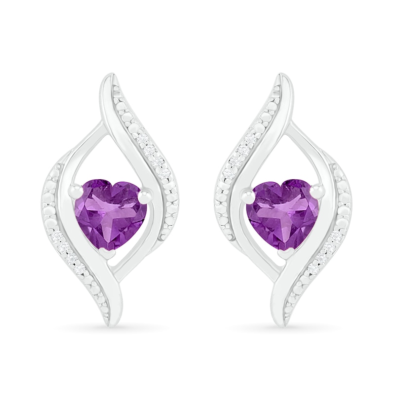 Main Image 1 of Heart-Shaped Amethyst and 0.04 CT. T.W. Diamond Open Flame Stud Earrings in Sterling Silver