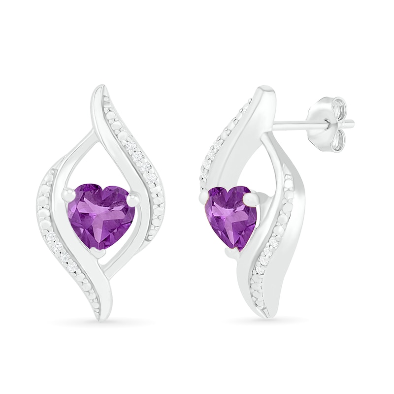 Main Image 2 of Heart-Shaped Amethyst and 0.04 CT. T.W. Diamond Open Flame Stud Earrings in Sterling Silver