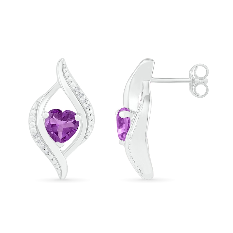 Main Image 3 of Heart-Shaped Amethyst and 0.04 CT. T.W. Diamond Open Flame Stud Earrings in Sterling Silver
