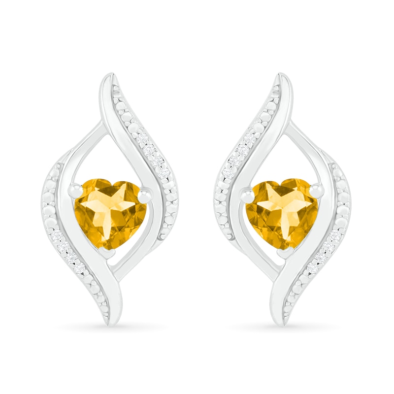 Main Image 1 of Heart-Shaped Citrine and 0.04 CT. T.W. Diamond Open Flame Stud Earrings in Sterling Silver