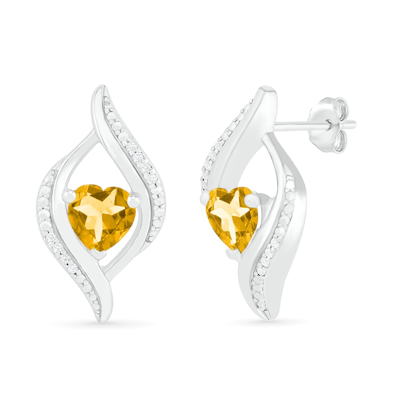 Main Image 2 of Heart-Shaped Citrine and 0.04 CT. T.W. Diamond Open Flame Stud Earrings in Sterling Silver
