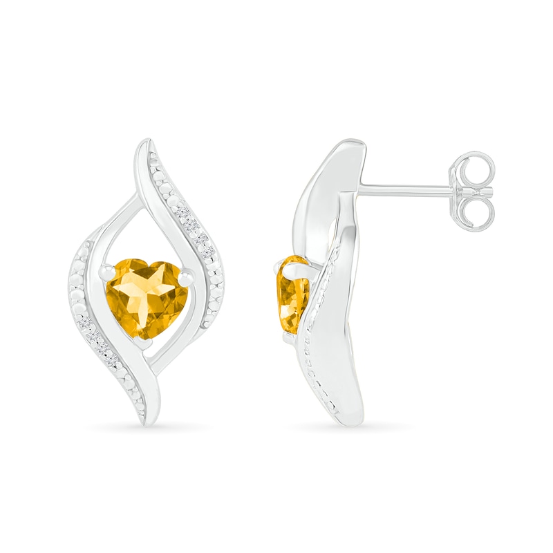 Main Image 3 of Heart-Shaped Citrine and 0.04 CT. T.W. Diamond Open Flame Stud Earrings in Sterling Silver