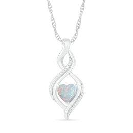 Heart-Shaped Lab-Created Opal and Diamond Accent Infinity Flame Pendant in Sterling Silver