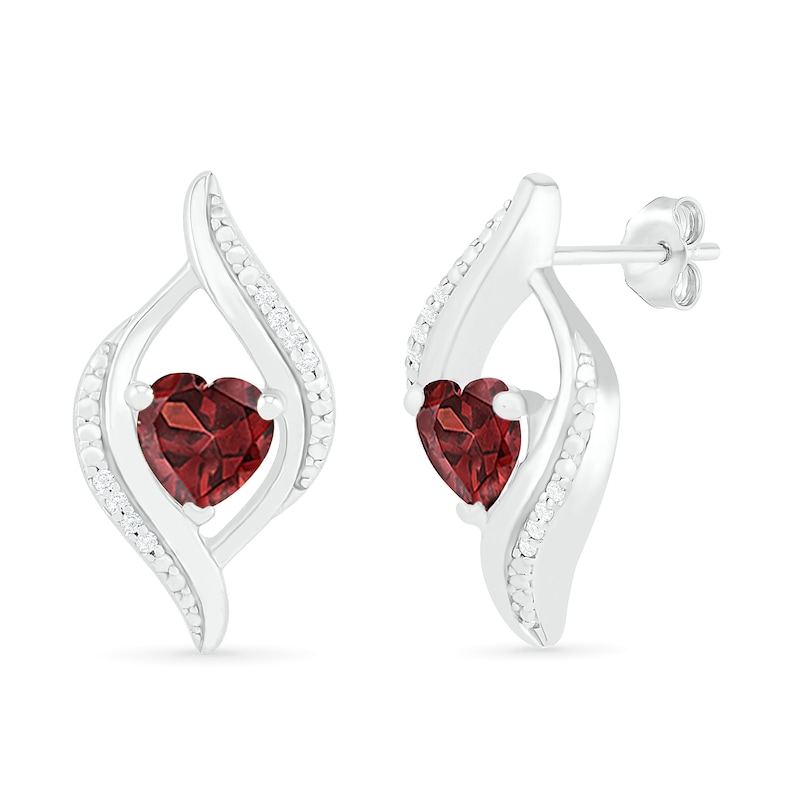 Main Image 2 of Heart-Shaped Garnet and 0.04 CT. T.W. Diamond Open Flame Stud Earrings in Sterling Silver