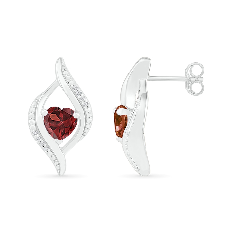 Main Image 3 of Heart-Shaped Garnet and 0.04 CT. T.W. Diamond Open Flame Stud Earrings in Sterling Silver