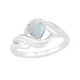 Heart-Shaped Lab-Created Opal and Diamond Accent Ribbon Ring in Sterling Silver