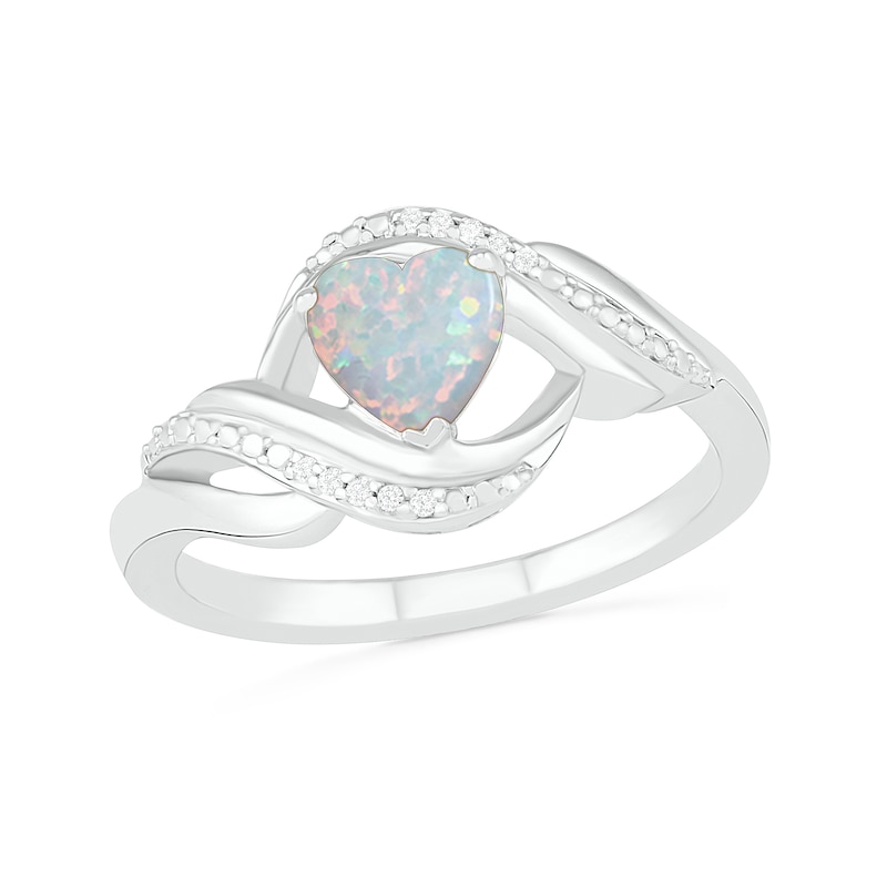 Heart-Shaped Lab-Created Opal and Diamond Accent Ribbon Ring in Sterling Silver|Peoples Jewellers