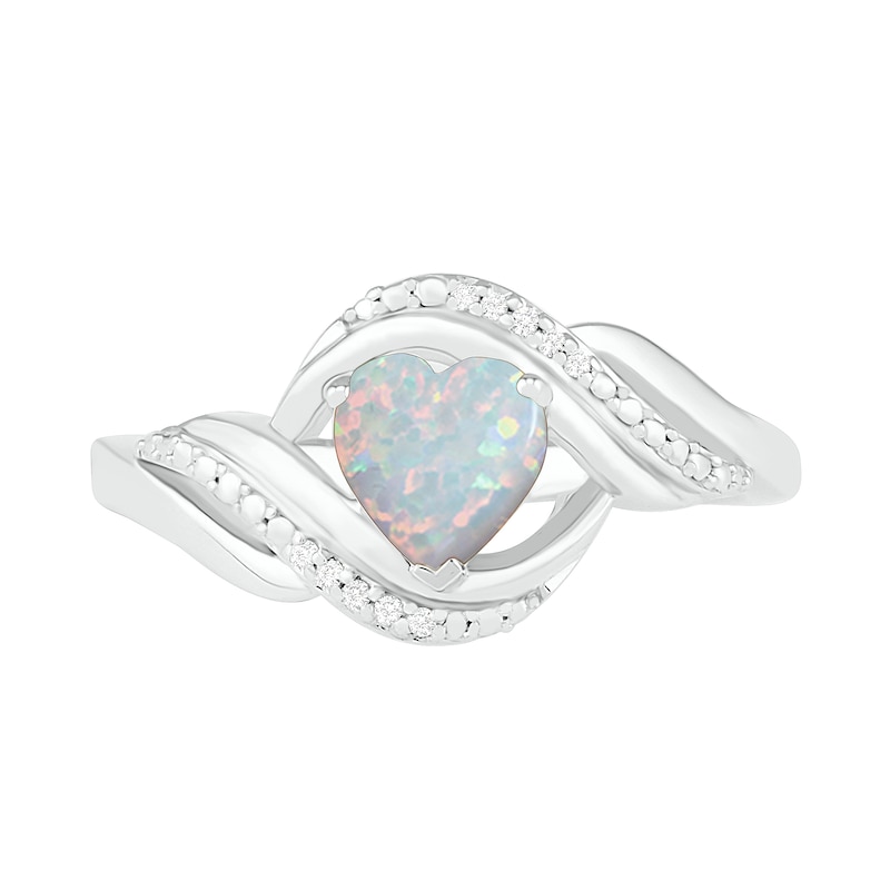 Heart-Shaped Lab-Created Opal and Diamond Accent Ribbon Ring in Sterling Silver
