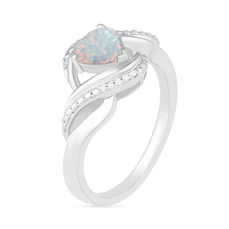 Heart-Shaped Lab-Created Opal and Diamond Accent Ribbon Ring in Sterling Silver