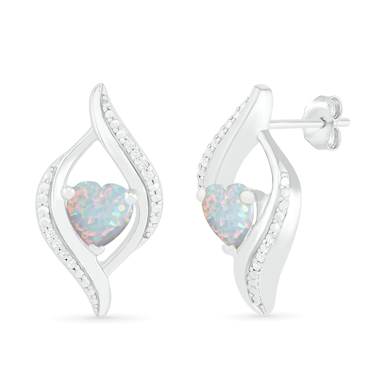 Main Image 2 of Heart-Shaped Lab-Created Opal and 0.04 CT. T.W. Diamond Open Flame Stud Earrings in Sterling Silver