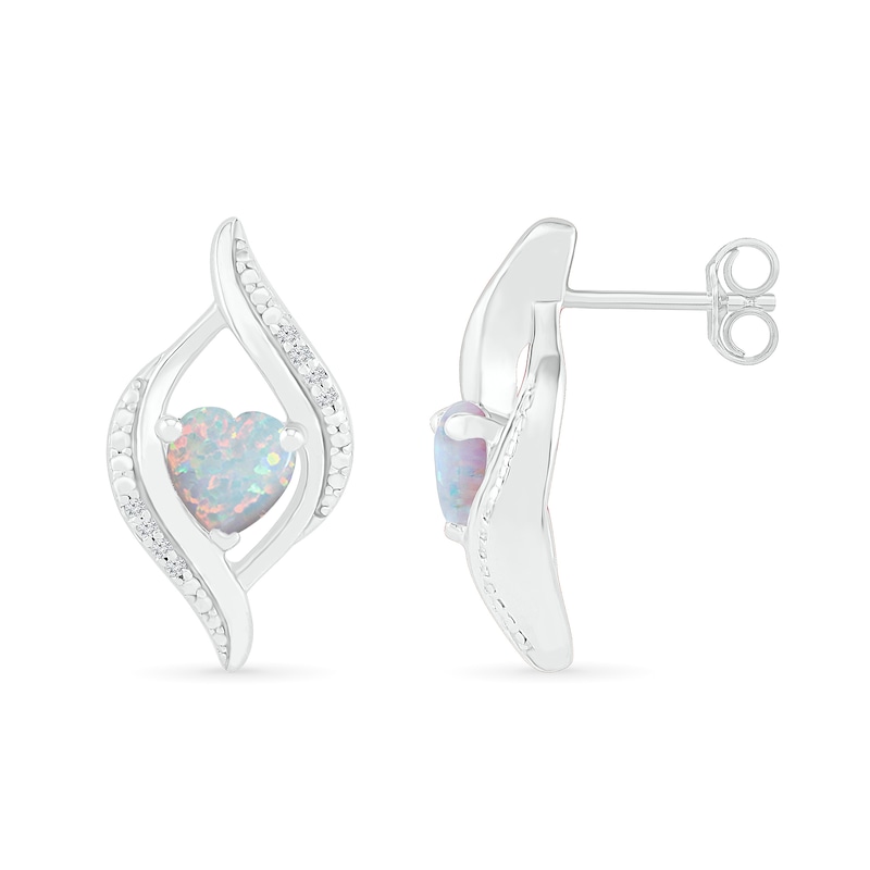 Main Image 3 of Heart-Shaped Lab-Created Opal and 0.04 CT. T.W. Diamond Open Flame Stud Earrings in Sterling Silver