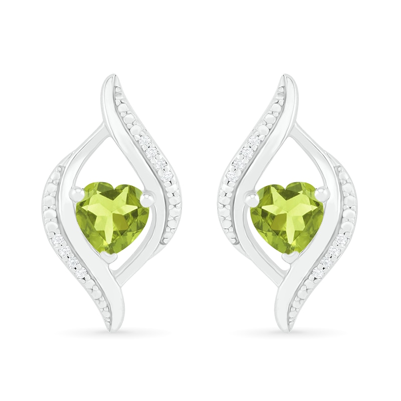 Main Image 1 of Heart-Shaped Peridot and 0.04 CT. T.W. Diamond Open Flame Stud Earrings in Sterling Silver