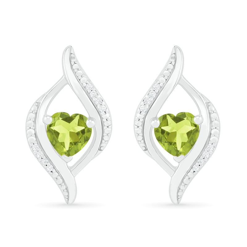 Heart-Shaped Peridot and 0.04 CT. T.W. Diamond Open Flame Stud Earrings in Sterling Silver