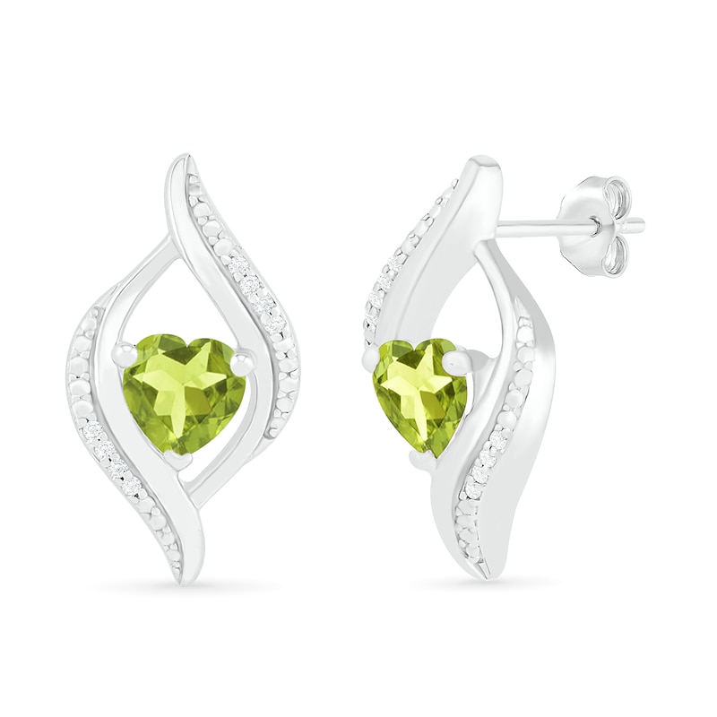 Main Image 2 of Heart-Shaped Peridot and 0.04 CT. T.W. Diamond Open Flame Stud Earrings in Sterling Silver