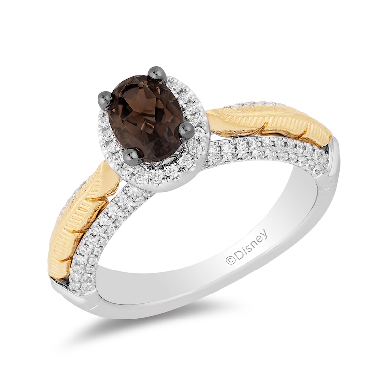 Main Image 1 of Enchanted Disney Pocahontas Oval Smoky Quartz and 0.29 CT. T.W. Diamond Frame Engagement Ring in 14K Two-Tone Gold