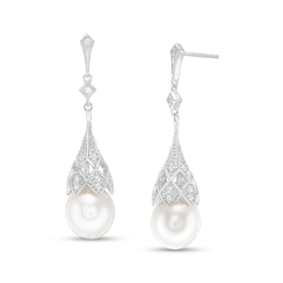 IMPERIAL® Oval Cultured Freshwater Pearl and Lab-Created White Sapphire Vintage-Style Drop Earrings in Sterling Silver