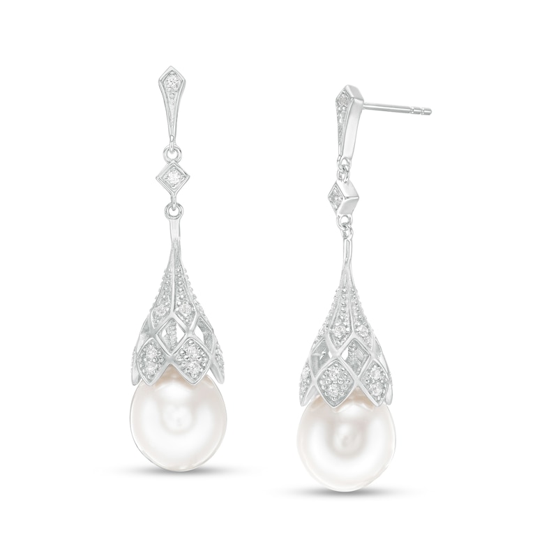 IMPERIAL® Oval Cultured Freshwater Pearl and Lab-Created White Sapphire Vintage-Style Drop Earrings in Sterling Silver|Peoples Jewellers