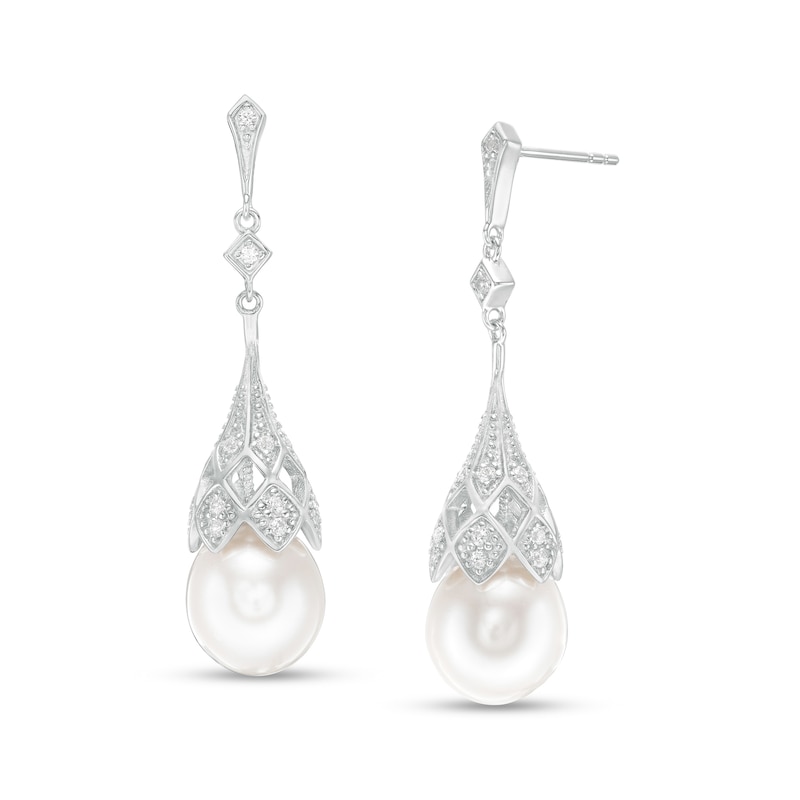 Main Image 1 of IMPERIAL® Oval Freshwater Cultured Pearl and Lab-Created White Sapphire Vintage-Style Drop Earrings in Sterling Silver