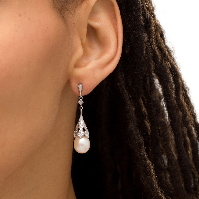 IMPERIAL® Oval Cultured Freshwater Pearl and Lab-Created White Sapphire Vintage-Style Drop Earrings in Sterling Silver