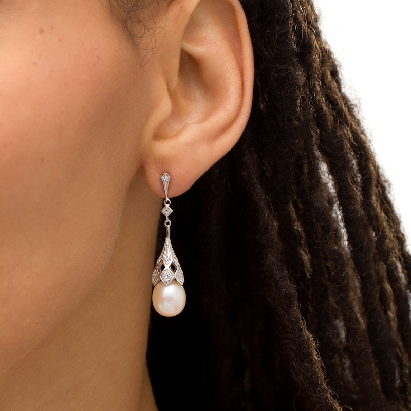 Main Image 2 of IMPERIAL® Oval Freshwater Cultured Pearl and Lab-Created White Sapphire Vintage-Style Drop Earrings in Sterling Silver