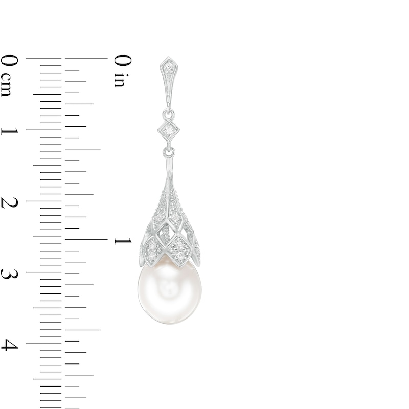 Main Image 3 of IMPERIAL® Oval Freshwater Cultured Pearl and Lab-Created White Sapphire Vintage-Style Drop Earrings in Sterling Silver