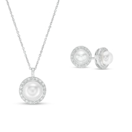 IMPERIAL® Button Cultured Freshwater Pearl and White Lab-Created Sapphire Pendant and Earrings Set in Sterling Silver