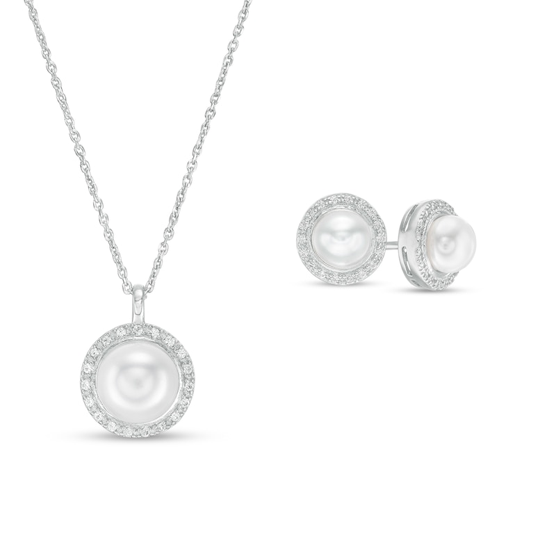 IMPERIAL® Button Cultured Freshwater Pearl and White Lab-Created Sapphire Pendant and Earrings Set in Sterling Silver|Peoples Jewellers