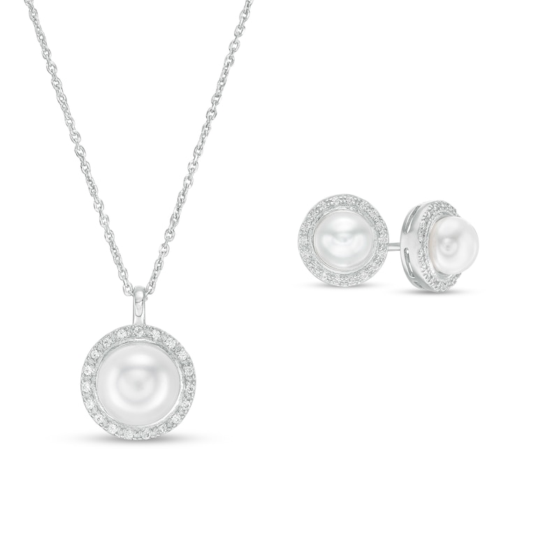 Main Image 1 of IMPERIAL® Button Freshwater Cultured Pearl and White Lab-Created Sapphire Pendant and Earrings Set in Sterling Silver