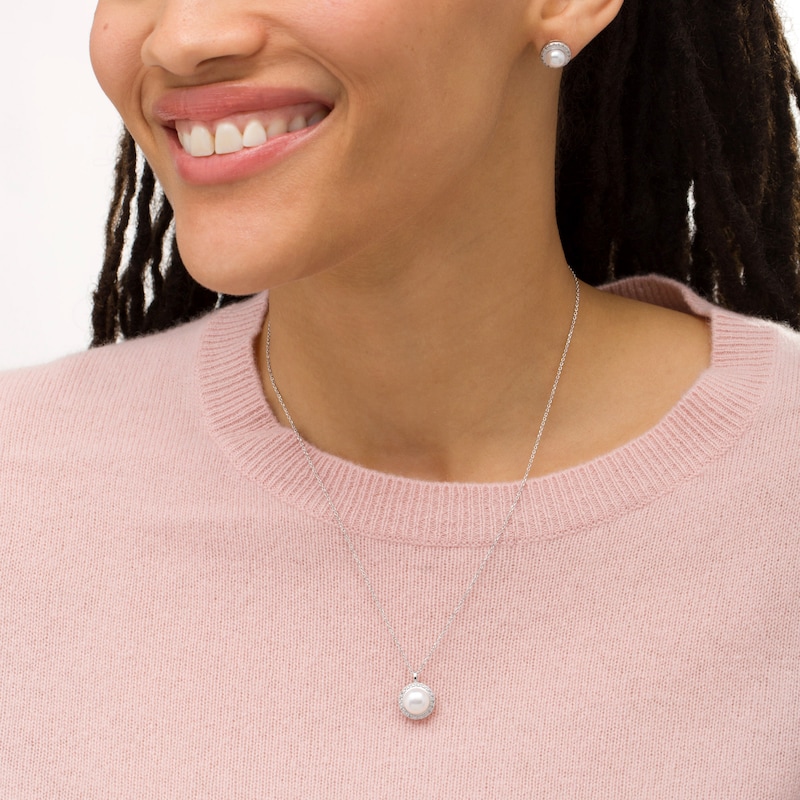 Main Image 2 of IMPERIAL® Button Freshwater Cultured Pearl and White Lab-Created Sapphire Pendant and Earrings Set in Sterling Silver