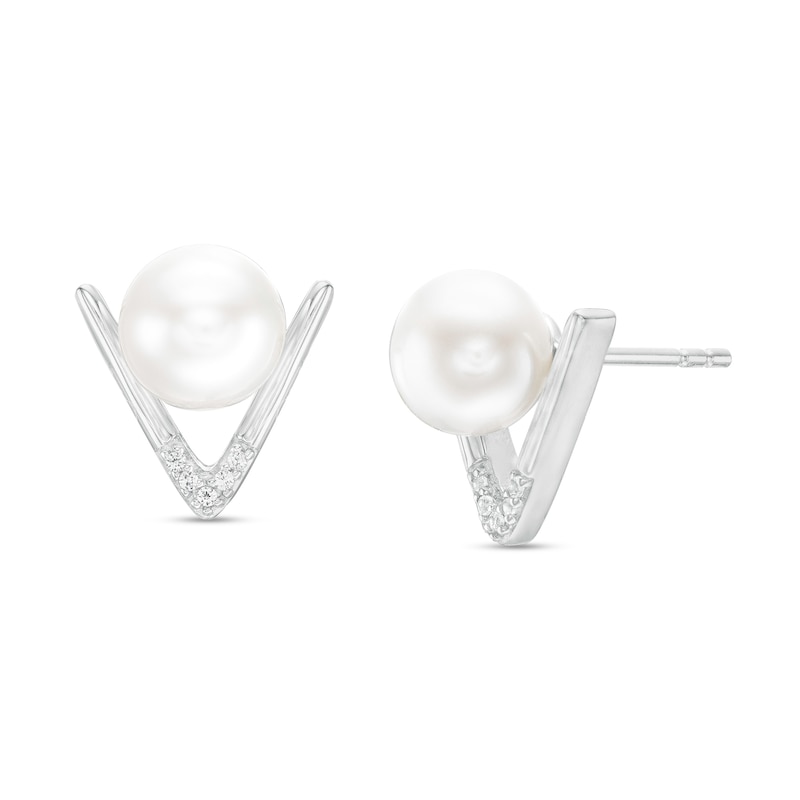 IMPERIAL® 7.0-7.5mm Cultured Freshwater Pearl and Lab-Created White Sapphire Chevron Stud Earrings in Sterling Silver|Peoples Jewellers