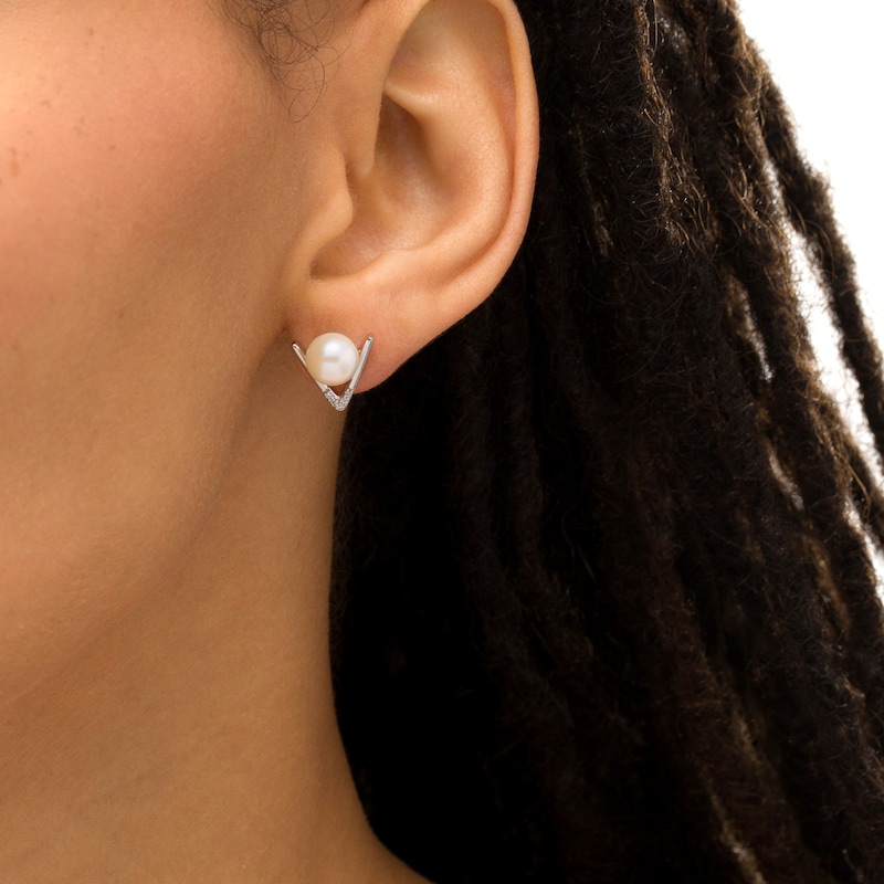 Main Image 2 of IMPERIAL® 7.0-7.5mm Freshwater Cultured Pearl and Lab-Created White Sapphire Chevron Stud Earrings in Sterling Silver