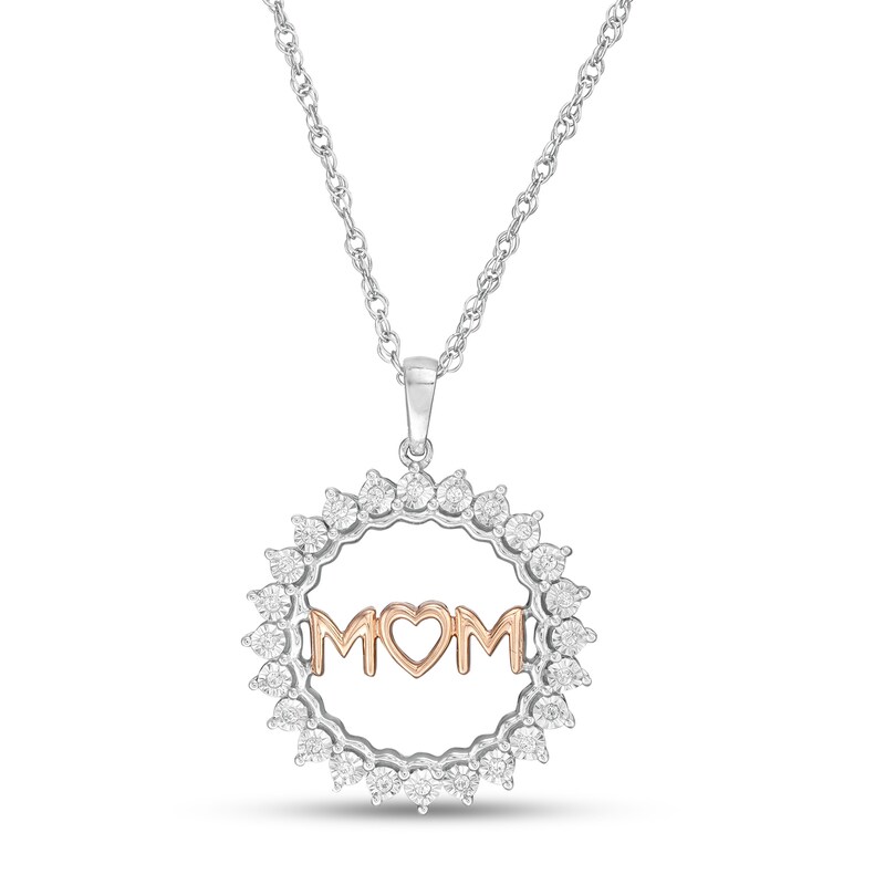 Main Image 1 of 0.10 CT. T.W. Diamond "MOM" Sunburst Circle Pendant in Sterling Silver and 10K Rose Gold