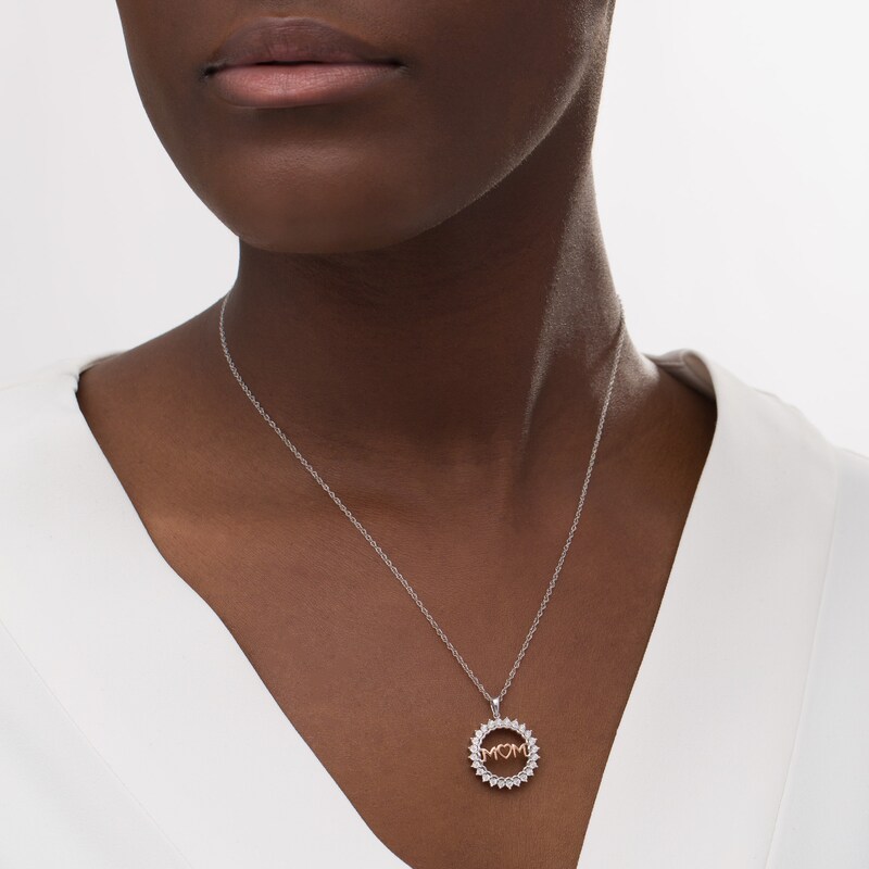 Main Image 2 of 0.10 CT. T.W. Diamond "MOM" Sunburst Circle Pendant in Sterling Silver and 10K Rose Gold
