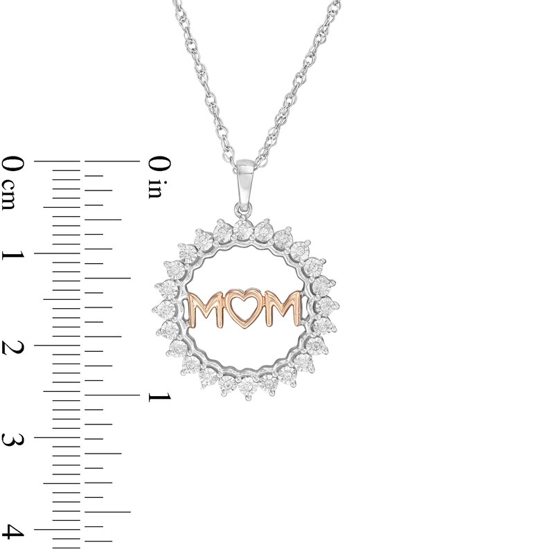 Main Image 3 of 0.10 CT. T.W. Diamond "MOM" Sunburst Circle Pendant in Sterling Silver and 10K Rose Gold