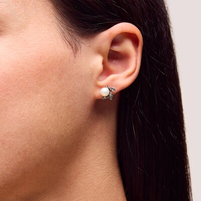 IMPERIAL® Freshwater Cultured Pearl and White Lab-Created Sapphire Leaf Pendant and Stud Earrings Set in Sterling Silver