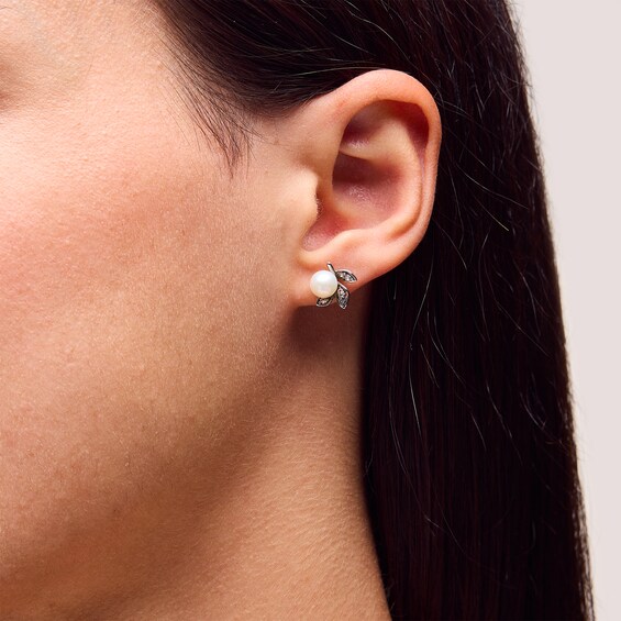 IMPERIAL® Freshwater Cultured Pearl and White Lab-Created Sapphire Leaf Pendant and Stud Earrings Set in Sterling Silver