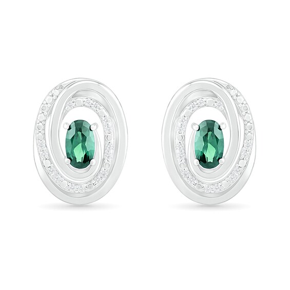 Oval Lab-Created Emerald and 0.066 CT. T.W. Diamond Beaded Open Swirl Frame Stud Earrings in Sterling Silver
