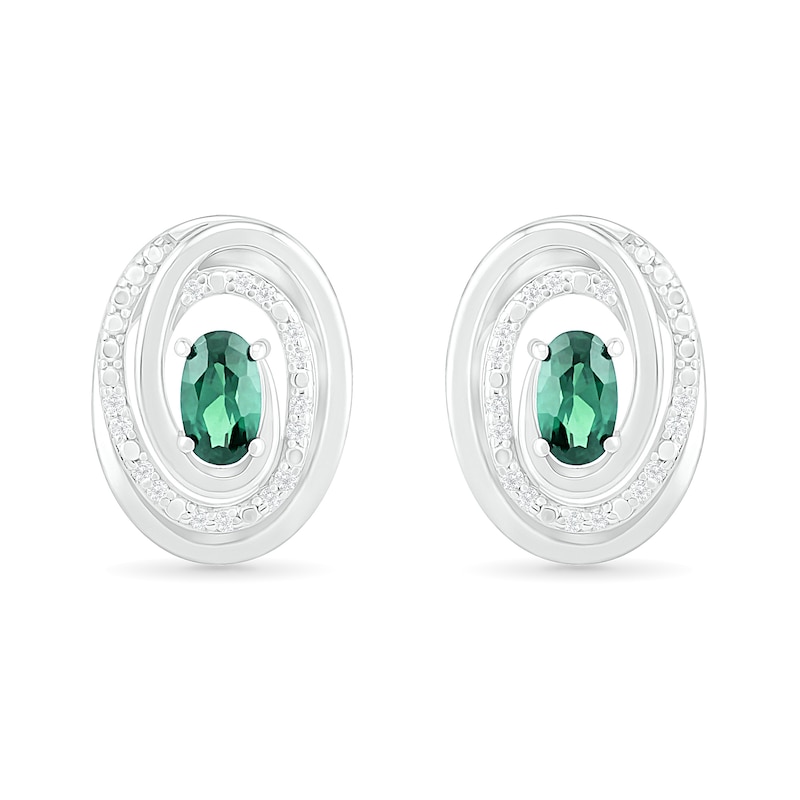 Oval Lab-Created Emerald and 0.066 CT. T.W. Diamond Beaded Open Swirl Frame Stud Earrings in Sterling Silver