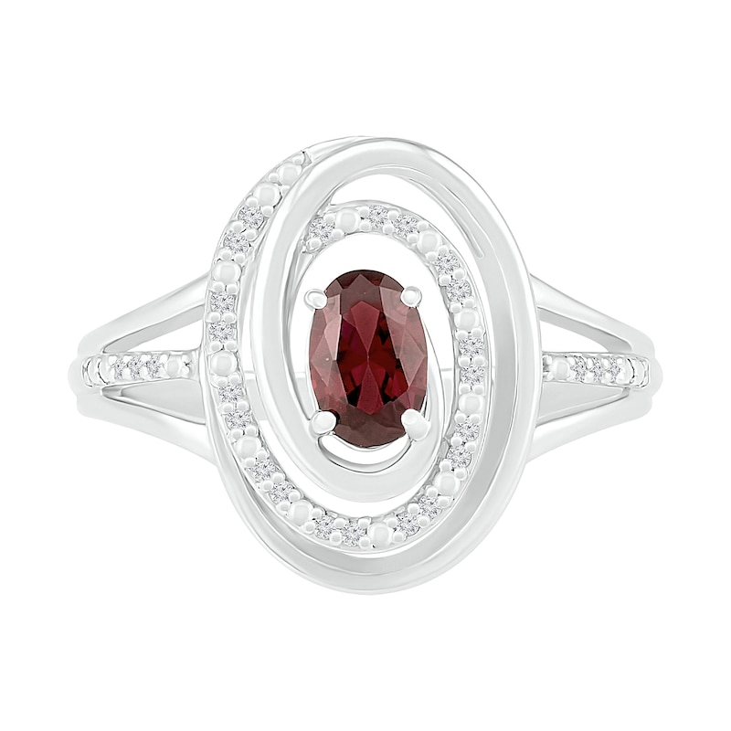 Main Image 2 of Oval Garnet and 0.065 CT. T.W. Diamond Beaded Open Swirl Frame Triple Row Split Shank Ring in Sterling Silver