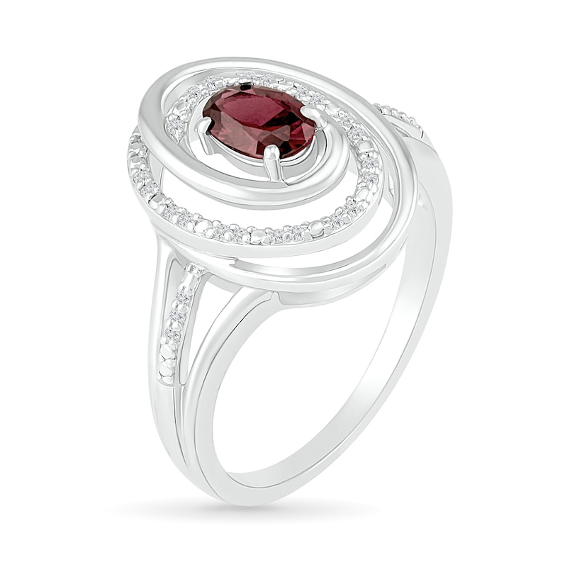 Main Image 3 of Oval Garnet and 0.065 CT. T.W. Diamond Beaded Open Swirl Frame Triple Row Split Shank Ring in Sterling Silver