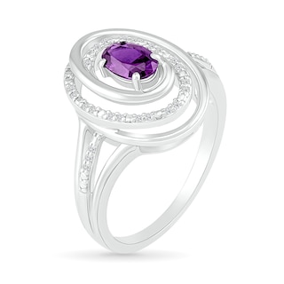 Oval Amethyst and 0.065 CT. T.W. Diamond Beaded Open Swirl Frame Triple Row Split Shank Ring in Sterling Silver